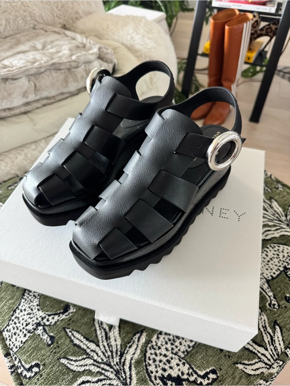Stella McCartney Elyse Black Wedge Fisherman Sandals with Silver Buckle